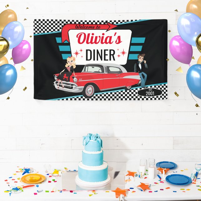 Lona Partido de cumpleaños Diner Retro de los autos de  (Diner Banner email)