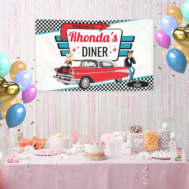Lona Partido de cumpleaños Diner Retro de los autos de  (Diner Birthday Banner)