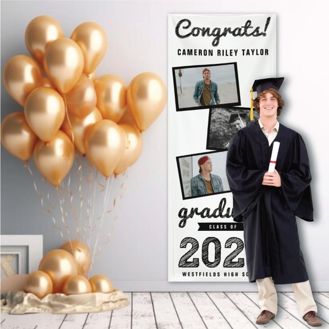 Lona Partido de Graduación de Collage de fotos Black Sk (2024 White & Black Sketch 3 Photo, Modern Graduation Party Banner @ www.zazzle.com/color_therapy)