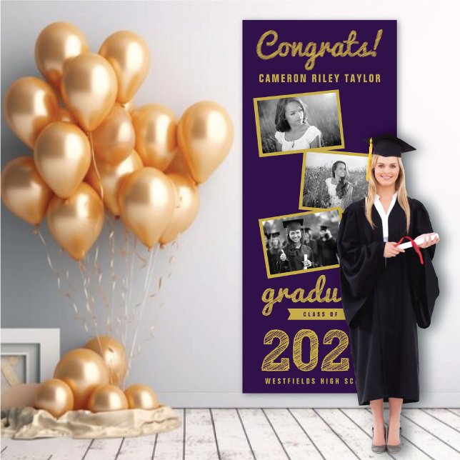 Lona Partido de Graduación de Collage de fotos Gold Ske (2024 Purple & Gold Sketch 3 Photo Modern Graduation Party Banner @ www.zazzle.com/color_therapy)