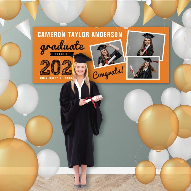 Lona Partido de Graduación de Collages de fotos 2025 Bo (2024 Orange And Black Sketch, 3 Photo Modern Graduation Party Banner @ www.zazzle.com/color_therapy)
