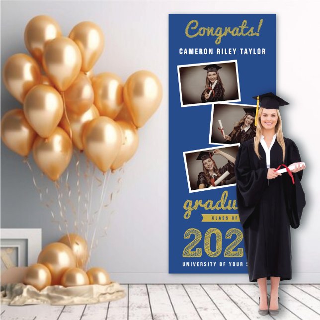Lona Partido de Graduación de Collages de fotos 2025 Bo (2024 Blue & Gold Sketch 3 Photo Modern Graduation Party Banner @ www.zazzle.com/color_therapy)