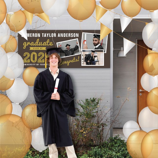 Lona Partido de Graduación de Collages de fotos 2025 Bo (2024 Brown & Gold Sketch 3 Photo, Modern Graduation Party Banner @ www.zazzle.com/color_therapy)