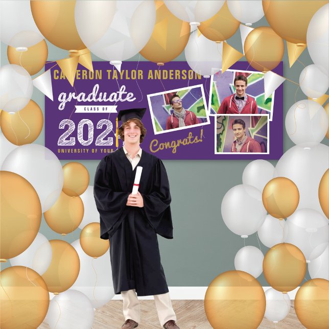 Lona Partido de Graduación de Collages de fotos 2025 Bo (2024 Purple & Gold Sketch 3 Photo, Modern Graduation Party Banner @ www.zazzle.com/color_therapy)