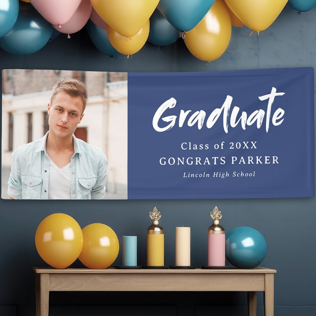 Lona Partido de Graduación de Foto con Guión de Pincel  (Blue Modern Brush Script Photo Graduation Party Banner)