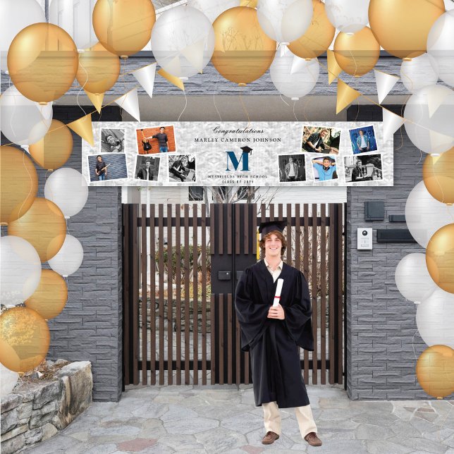 Lona Partido de Graduación de Foto Monograma 10 de Reli (Silver Faux Foil Name Monogram 10 Photo Chic Graduation Party Banner @ www.zazzle.com/color_therapy)