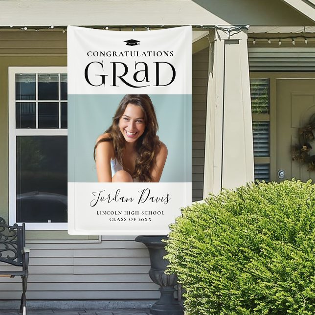 Lona Partido de graduación de fotografía moderna de la  (Black Typography Modern Photo Graduation Party Banner)