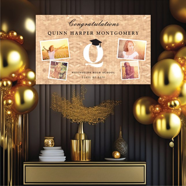 Lona Partido de Graduación de Moda Fotográfica Monogram (Copper Faux Foil Name Monogram 4 Photo Chic Graduation Party Banner @ www.zazzle.com/color_therapy)