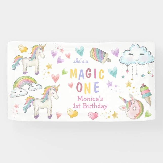 Lona Pastel arcoiris unicornio mágico un cumpleaños (Horizontal)