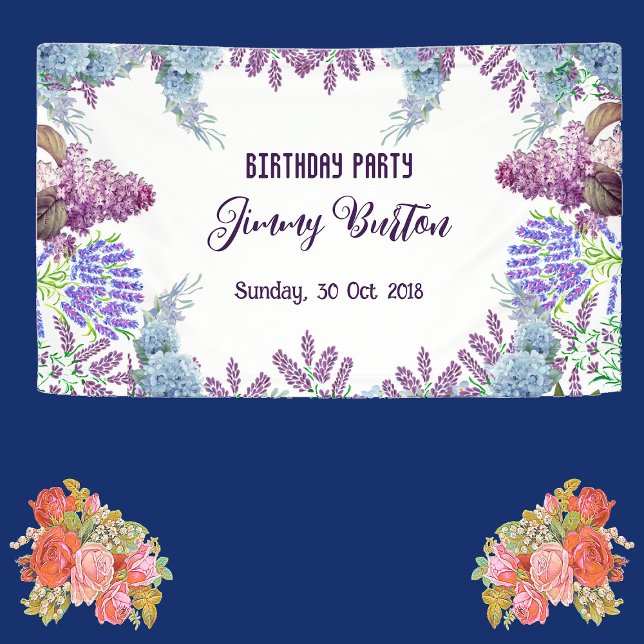 Lona Pastel azul suave Hydrangeas Púrpura Lilac Cumplea (Soft Blue Pastel Hydrangeas Purple Lilac Birthday Banner)