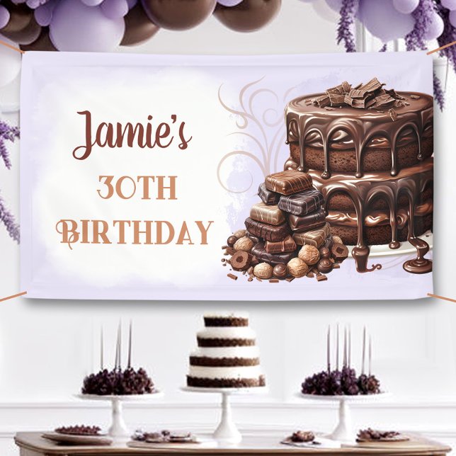 Lona Pastel de chocolate Morado Morado 30 Fiesta de cum (Chocolate Cake Purple Brown 30th Birthday Party Banner)