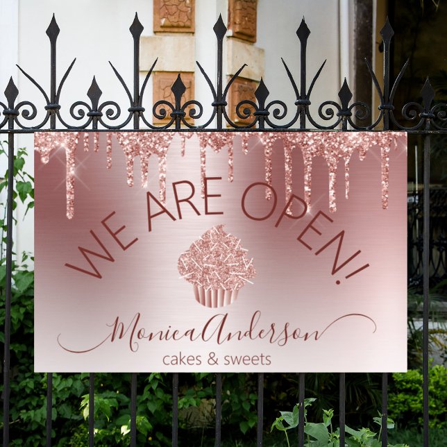 Lona Pastel de pastelería Pastelería Purpurina Dris Ros (Cupcake Bakery Pastry Chef Glitter Drips Rose Gold Banner)