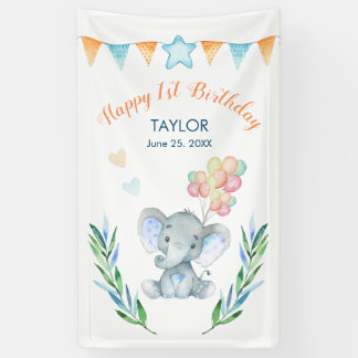 Lona Pastel Elephant Rubor Blue Star Feliz cumpleaños