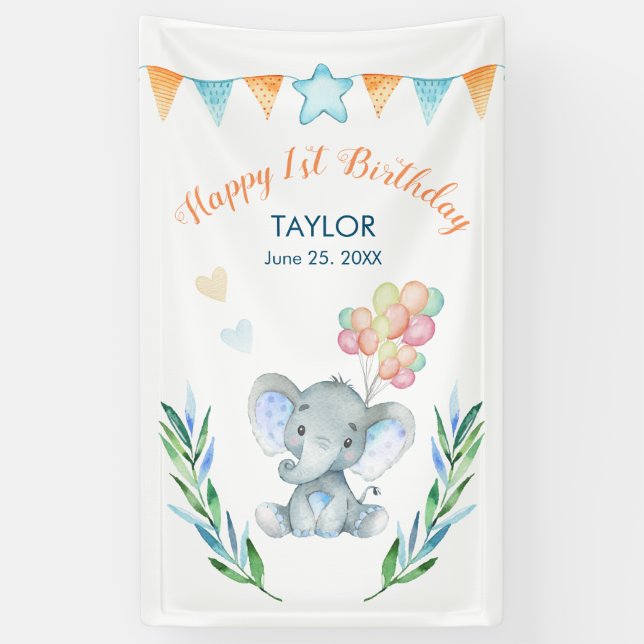 Lona Pastel Elephant Rubor Blue Star Feliz cumpleaños (Vertical)