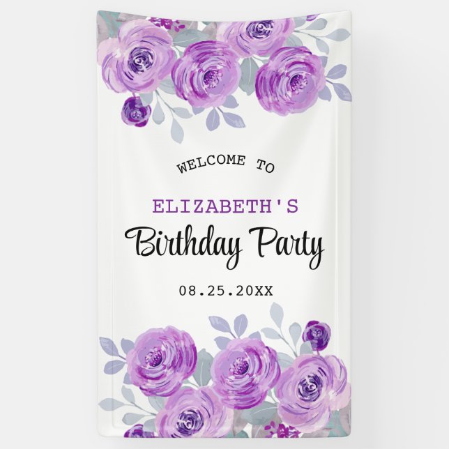 Lona Pastel Purple Rosa Greenery Bienvenida al cumpleañ (Vertical)