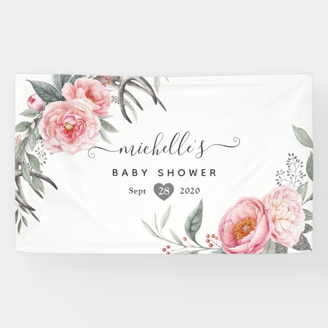 Lona Pastel rosa y gris Boho Floral Baby Shower (Horizontal)