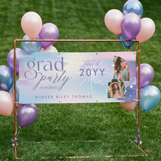 Lona Pastel Watercolor Grad Party 2 Photo Starry Grad (Pastel Watercolor Grad Party 2 Photo Starry Grad Banner)
