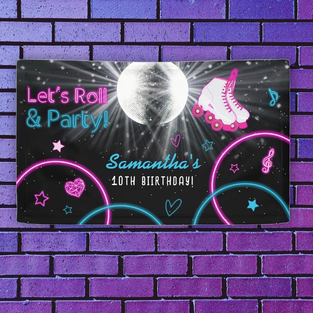 Lona Patinaje sobre ruedas Neon Glow Roller (Neon Glow Roller Skating Let's Roll Birthday Party Banner)
