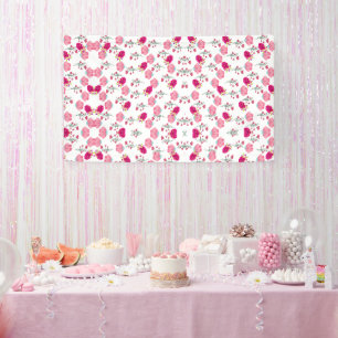 Lona Patrón floral simétrico de jardín en rosa rojo y r