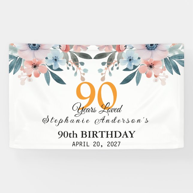 Lona  Peach Floral 90th Birthday 90 Years Loved Banner (Horizontal)