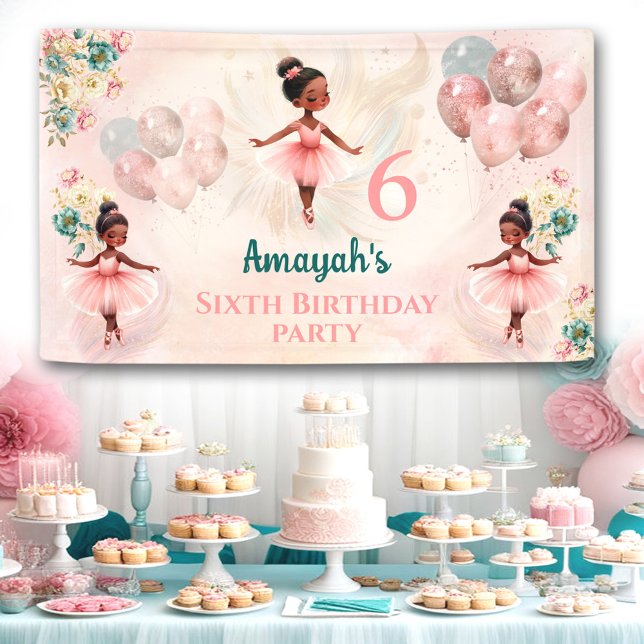 Lona Pequeña Ballerina Rosa Chica floral Verde azulada  (Little Ballerina Pink Teal Floral Girl Birthday Banner)
