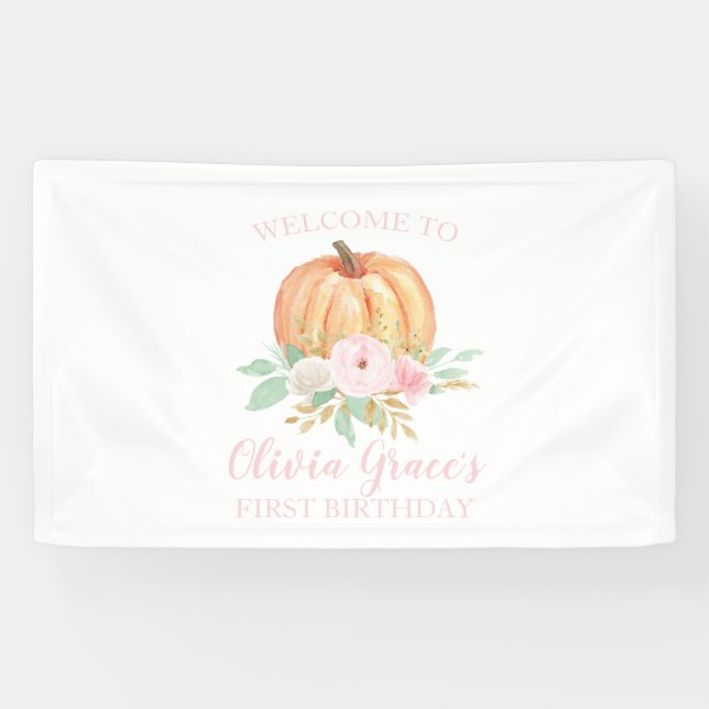 Lona Pequeña Calabaza primer cumpleaños floral rosa Ban (Horizontal)