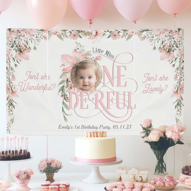 Lona Pequeña Miss Maravillosa, Flor silvestre 1er cumpl (Little Miss Onederful, Baby Girl 1st birthday backdrop with photo.)