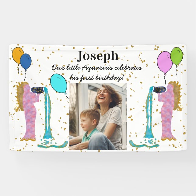 Lona Pequeño Aquarius 1er cumpleaños Flake de oro y glo (Horizontal)