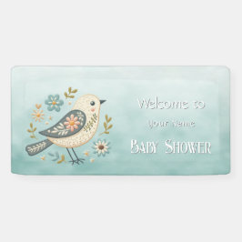 Lona Pequeño Baby Shower floral de aves verdes
