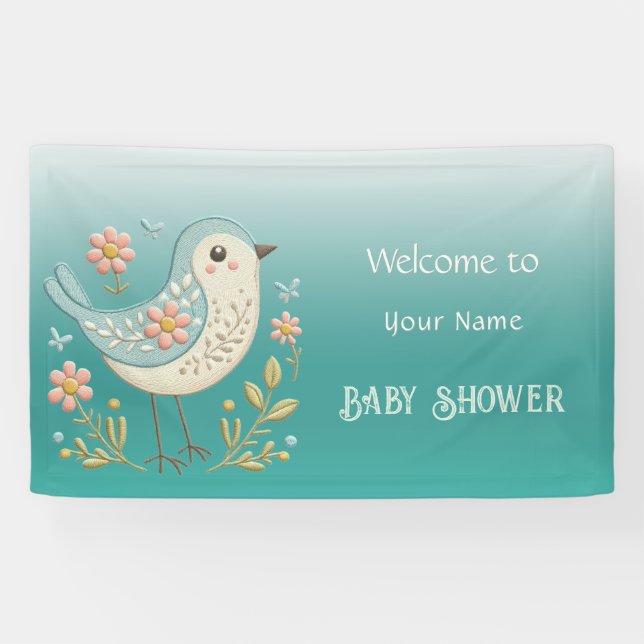 Lona Pequeño Bird Floral Embroidery Green Baby Shower (Horizontal)