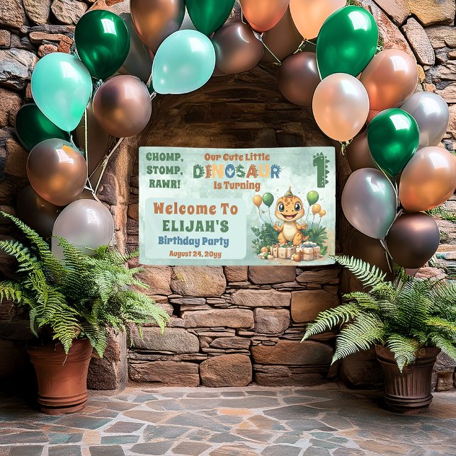 Lona Pequeño niño de dinosaurio lindo primer Fiesta de  (Cute Little Dinosaur Boy 1st Birthday Party Banner)