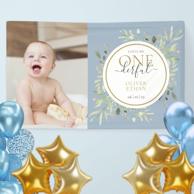 Lona Pequeño Sr. ONEmaravilloso Blue Boy Primera foto d (Little Mr ONEderful Blue Boy First Birthday Photo Banner)