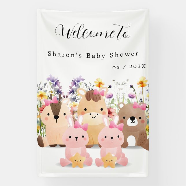 Lona Pequeños animales y flores silvestres Baby Shower (Vertical)