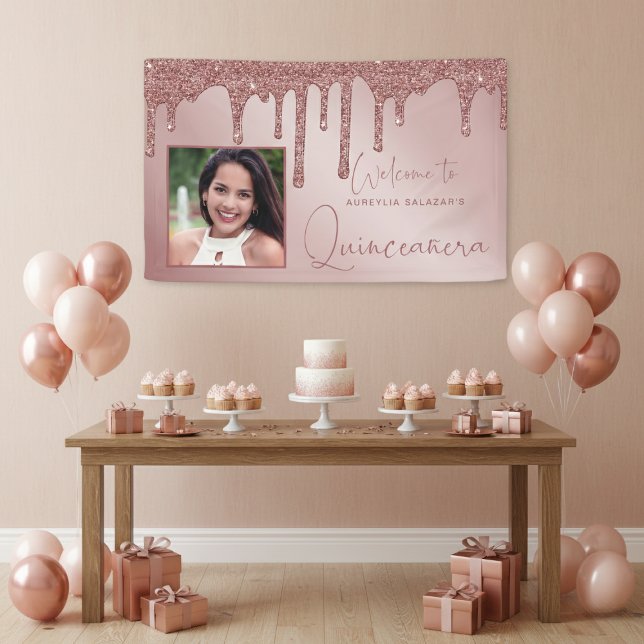 Lona Perforaciones de Moda de oro Rosa Quinceanera (Rose Gold Sparkle Glitter Drips Quinceanera Banner)