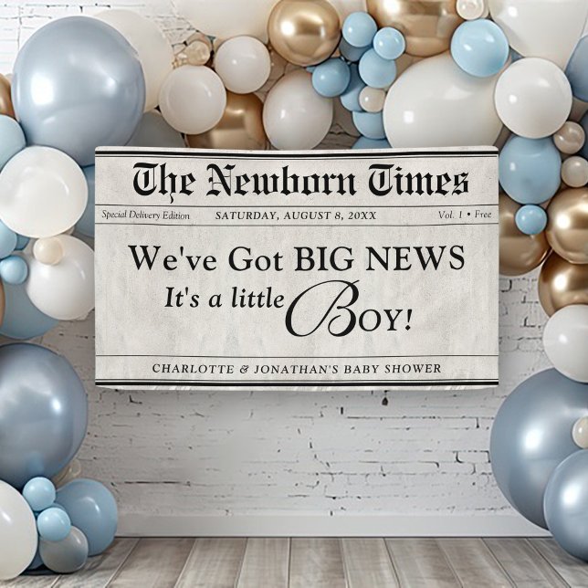 Lona Periódico Baby Boy Chica Shower (Cute Trendy Baby Boy The Newborn Times newspaper theme baby shower banner decor sign decoration)