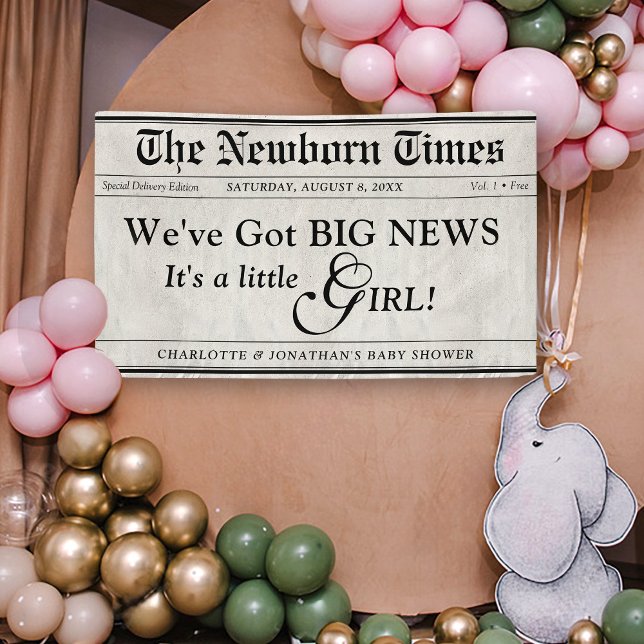 Lona Periódico de The New Times Cuestionado Por Bebé Mu (Cute Trendy Baby Girl The Newborn Times newspaper theme baby shower banner decor sign decoration)