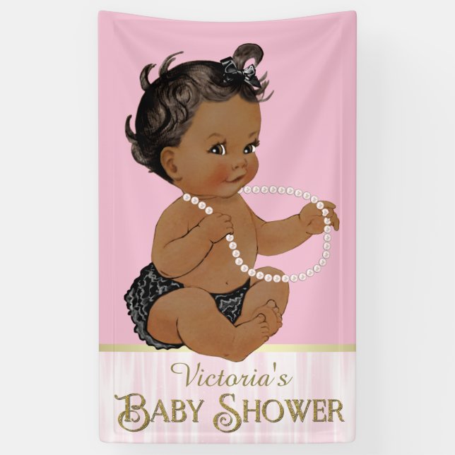Lona Perla negra rosa Chica afroamericano Baby Shower (Vertical)