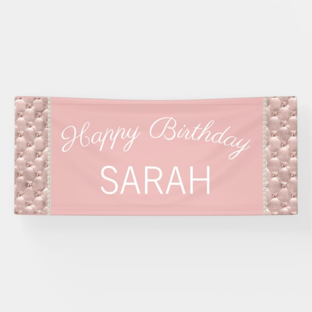 Lona Perlas Elegantes Rosa Tufted Feliz Cumpleaños (Horizontal)