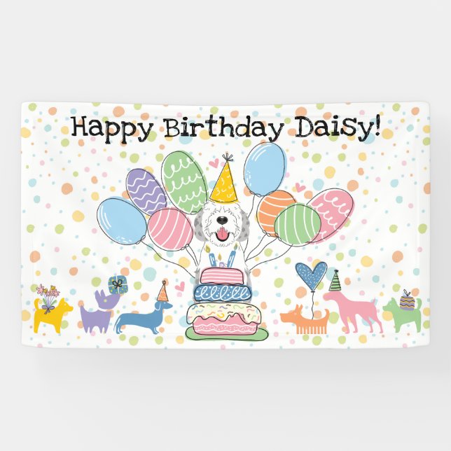 Lona Perro Sheepadoodle Blue Merle Fiesta de Cumpleaños (Horizontal)