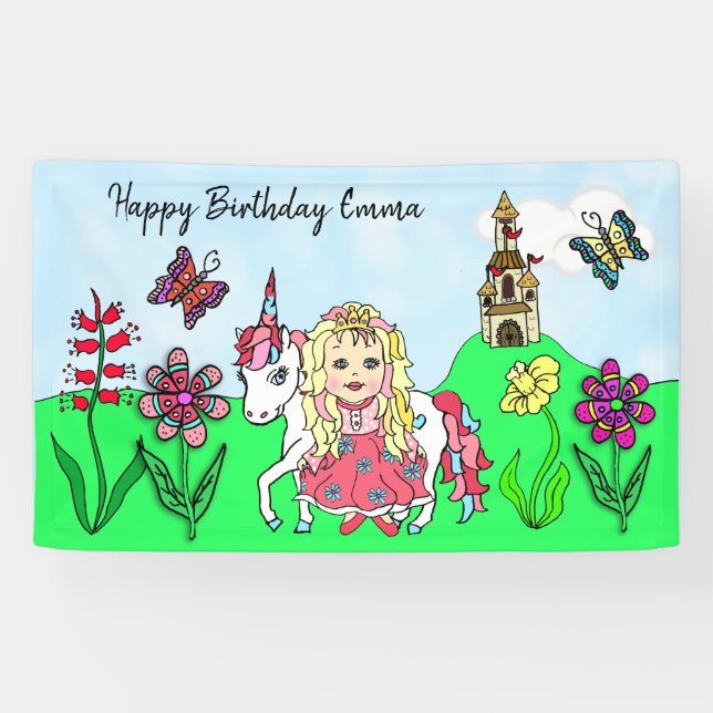 Lona Personalice la bandera de cumpleaños y Unicornio (Horizontal)