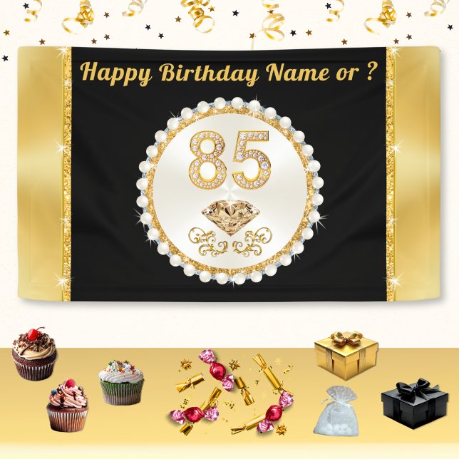 Lona Personalizable, cartel de cumpleaños 85, Mamá, Abu (85th birthday banners. Black and Gold, 85th birthday motif. Personalized, 85th birthday decorations.)