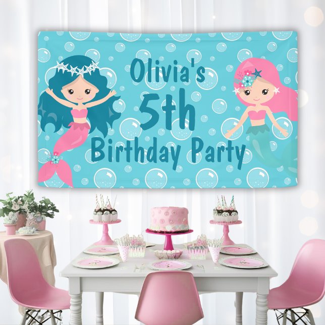 Lona Personalizada Chica Cuta Sirena Fiesta de Cumpleañ (Personalized Cute Girls Mermaid Birthday Party Banner
)
