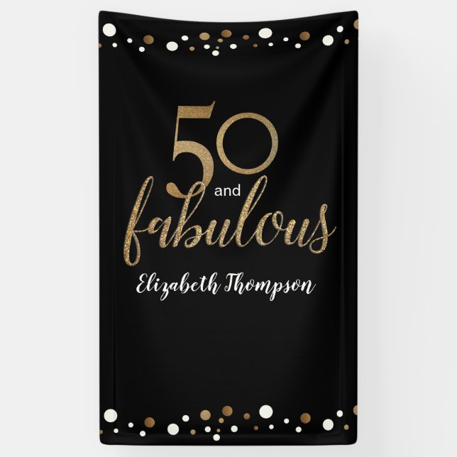 Lona Personalizado 50 y fabuloso confetti de oro negro (Vertical)