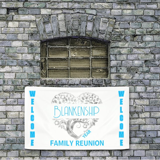 Lona Personalizado Árbol de arte del corazón Azul blanc (Welcome family at your reunion with this custom banner. )