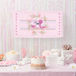 Lona Personalizado Baby Shower de mellizos Flamingo ros