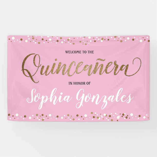 Lona Personalizado confeti de oro rosado Quinceanera Cu (Horizontal)