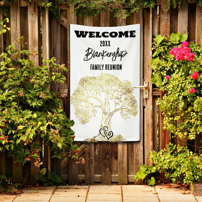Lona Personalizado de arte del viejo árbol de oro de la (Welcome family with a vertical format reunion banner with rustic gold tree on a white background.
)