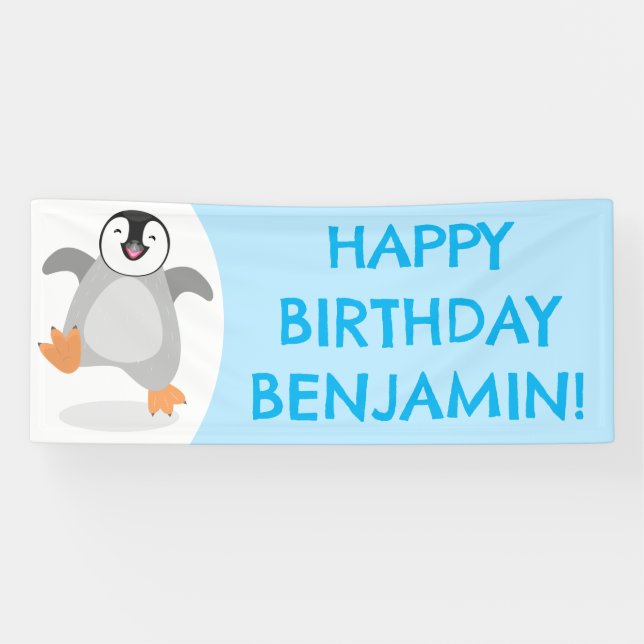 Lona Personalizado de cumpleaños de pingüino, feliz emp (Horizontal)