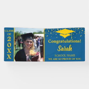 Lona Personalizado De Graduación Azul Y Oro Clase Fotog