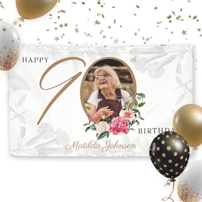Lona Personalizado de oro blanco elegante con flores 90 (Floral 90th Birthday Elegant White Gold Custom Banner
)